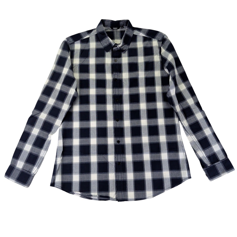 NUON Mens Large Navy Blue White Plaid‎ Button Down Shirt 100% Cotton Long Sleeve